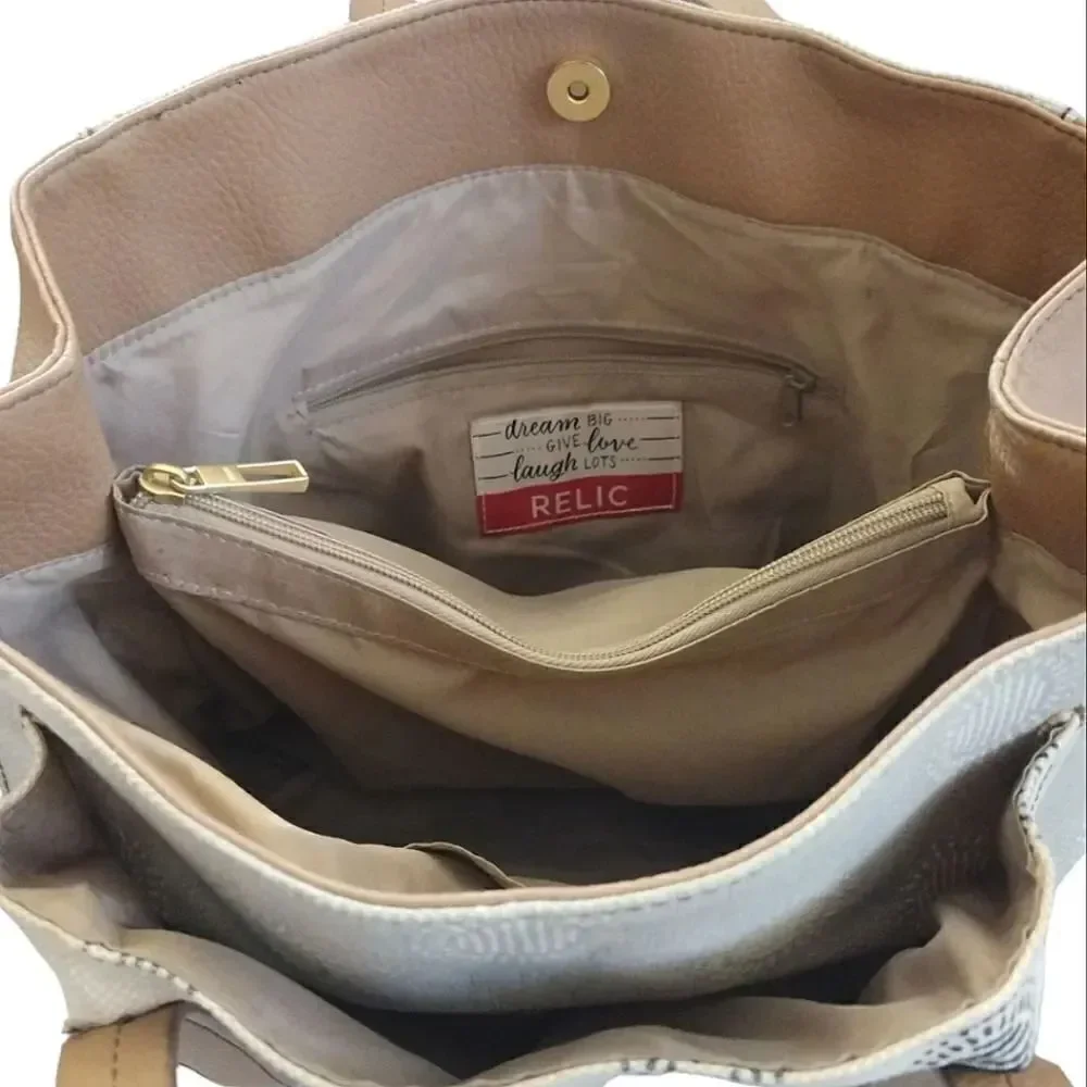 RELIC Printed Cream Canvas and Tan Faux Leather Shoulder Tote‎ Bag